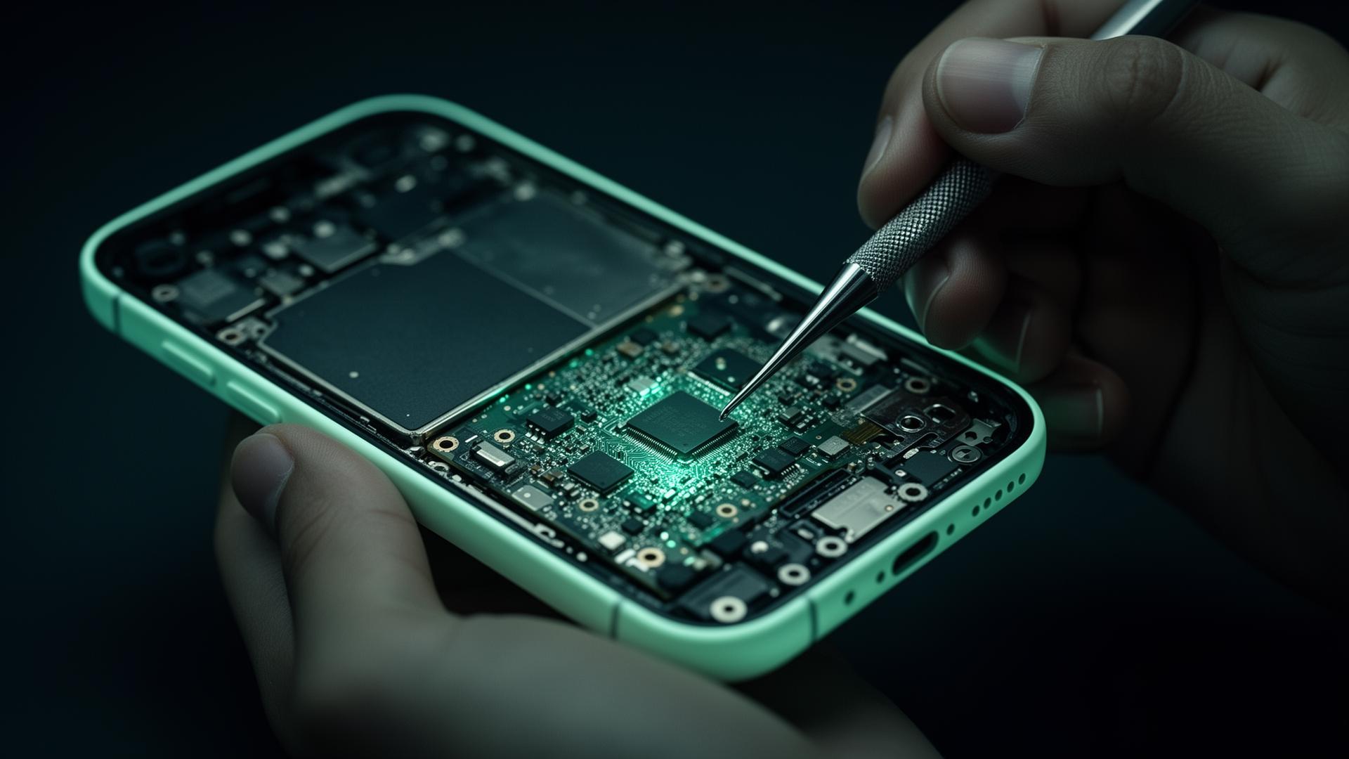 Technician repairing a smartphone circuit board with precision tools